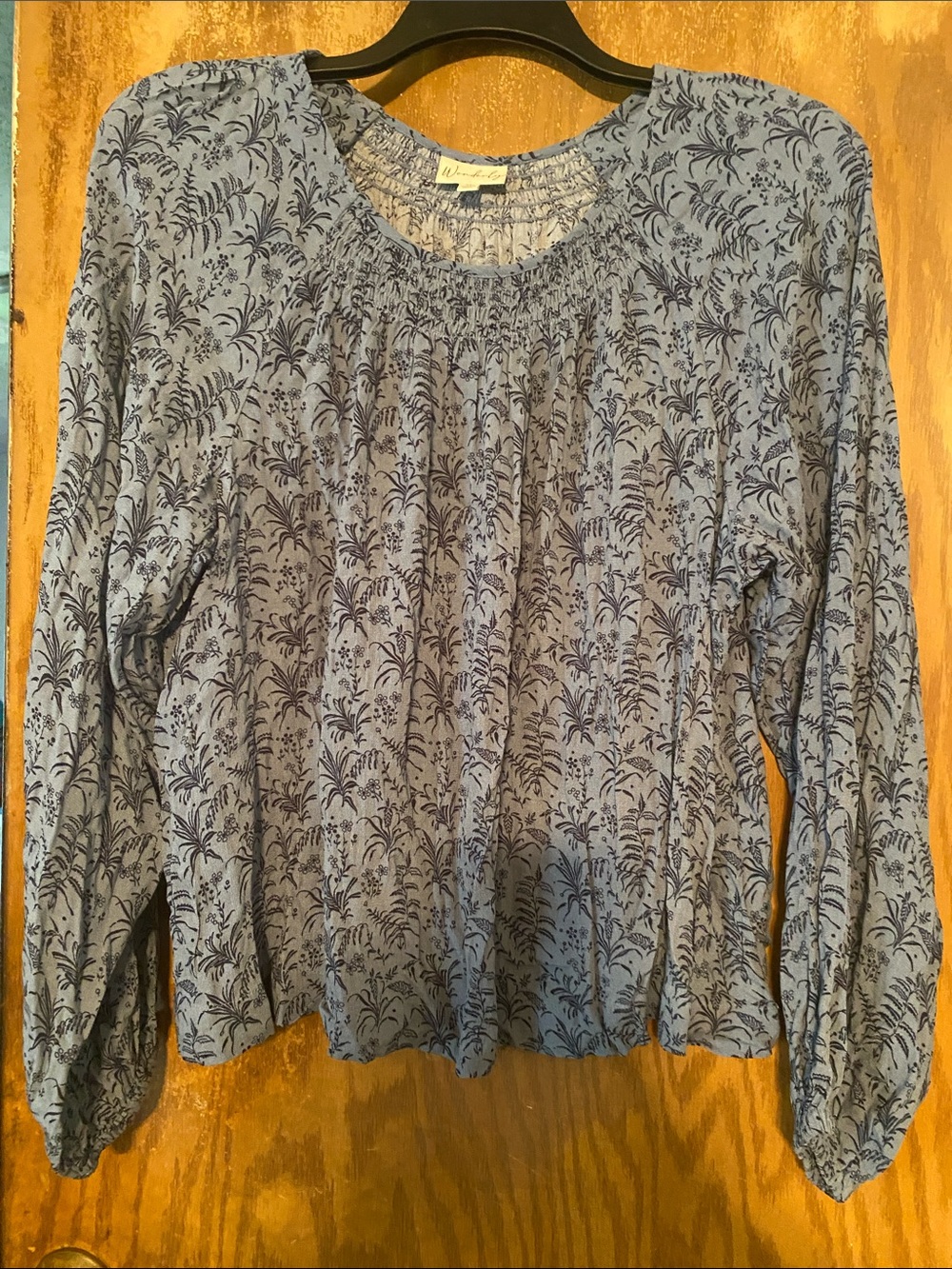 Wonderly Blue Floral Smocked-Neck Long Sleeve Blouse